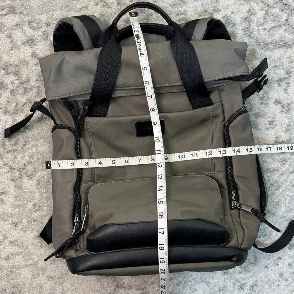 SAMSONIITE BACKPACK GREEN GRAY NYLON WITH BLACK COW LEATHER TRIM LAPTOP TRAVEL